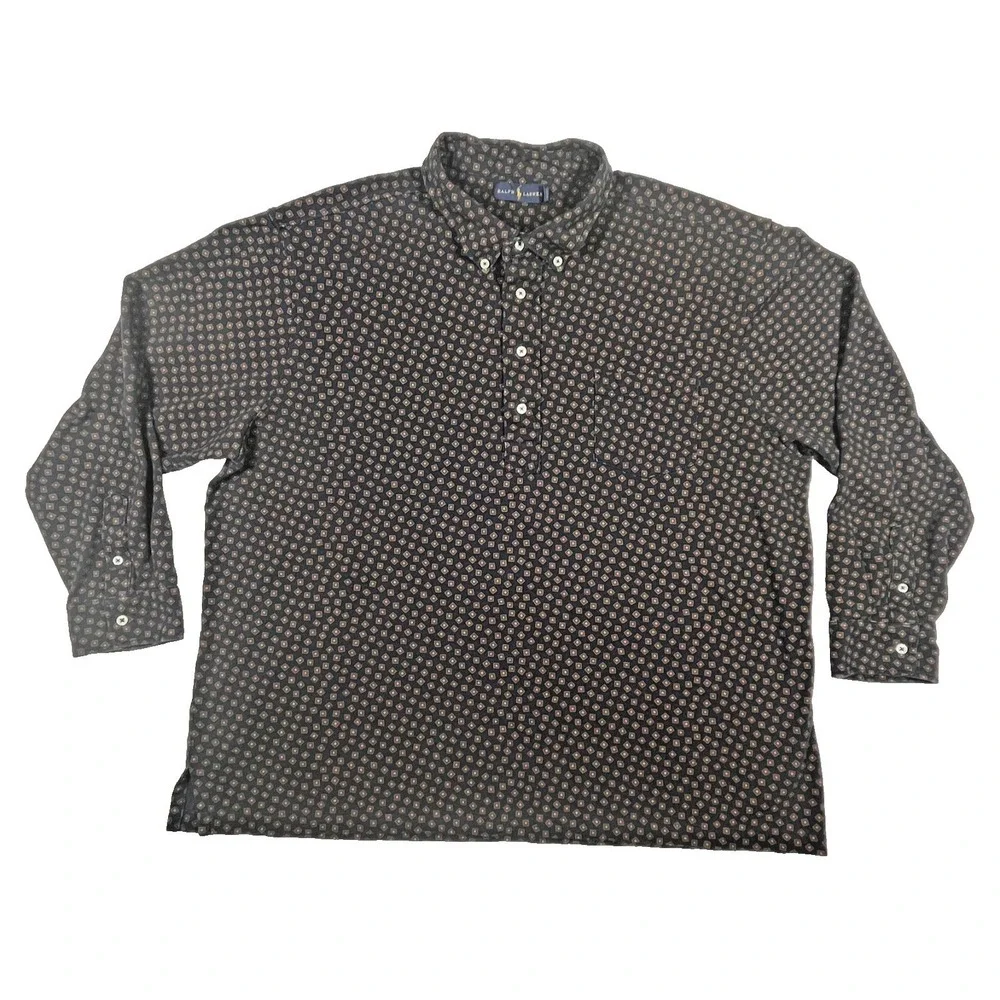 Ralph Lauren Polo Shirt Men's 2XB Navy Blue Geometric‎ Diamond Long Sleeve